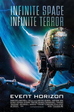 Theatrical poster for Event Horizon (1997), showing a spacecraft with a bladed, cross-like structure against a dark field of stars.