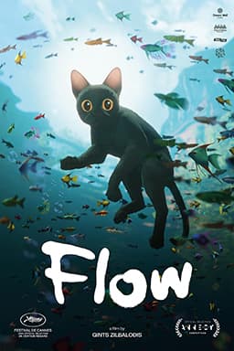 A small black cat balanced on a floating tree branch in bright water, light catching the ripples.