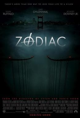 Theatrical poster for Zodiac (2007), with the film's title and a man's face half in shadow against a dark background.